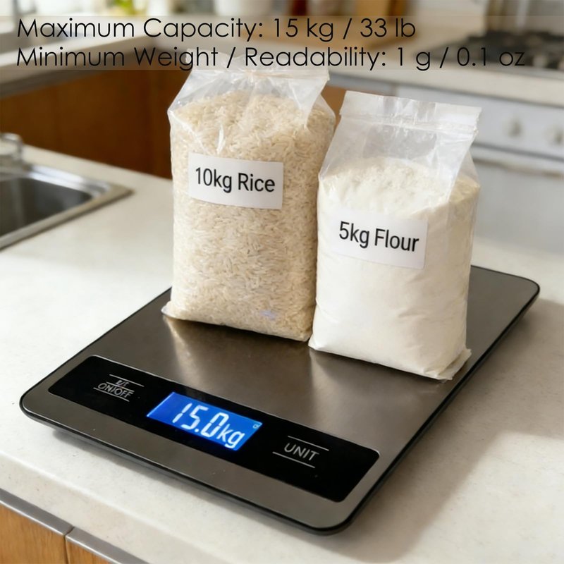 Kitchen Food Scale 33lb/15kg, High Precision 1g Digital Weight Scale with Timer & Backlit LCD, Stainless Steel, Tare & Unit Conversion (g/oz/ml/lb) for Pet Care or Cooking Baking Coffee Meat Bread