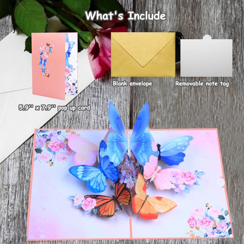 ROBBEAR Pop Up Card, Butterfly and Flower 3D Greeting Card with Envelope for Any Occasion, Birthday, Mother's Day, Anniversary, Valentines Day, Handmade Gifts, Foldable Celebration Cards for Friends