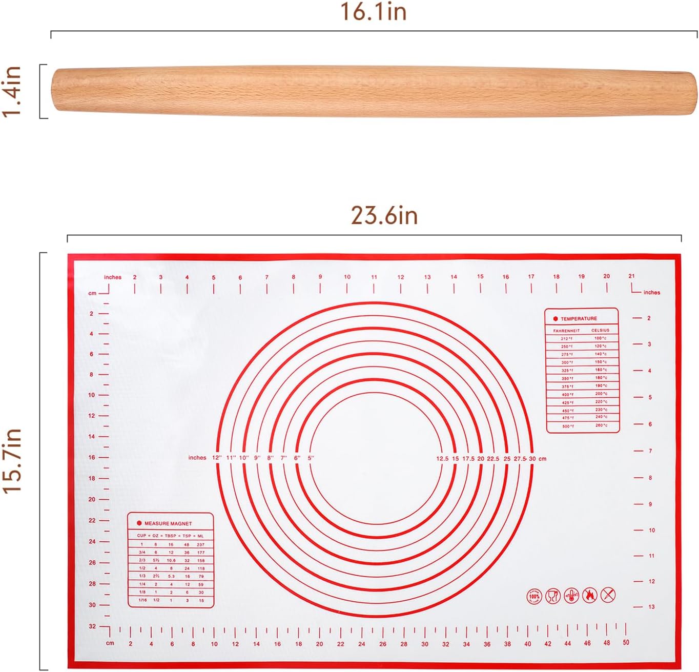 QUELLANCE Wooden Rolling Pin - Beech Wood Dough Roller with Silicone Baking Mat | Perfect for Pizza, Pastries, and Cookies