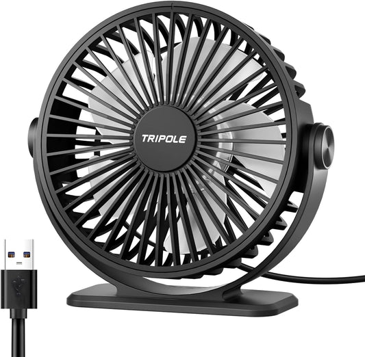 TriPole USB Powered Desk Fan - Portable Mini Fan with 3 Adjustable Speeds & 360° Rotation | Black, 4.9ft Cable