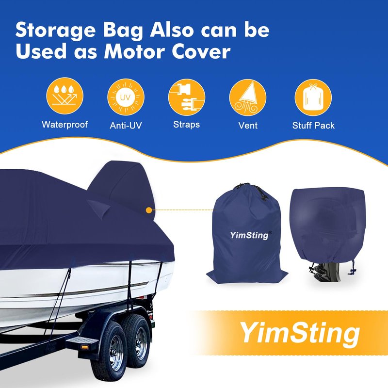 YimSting 1200D Waterproof Boat Cover - Fits 14' to 16' ft Bass, V-Hull, Tri-Hull, Fish & Ski, Runabout Bowrider Boats - Heavy Duty Canvas Navy Blue