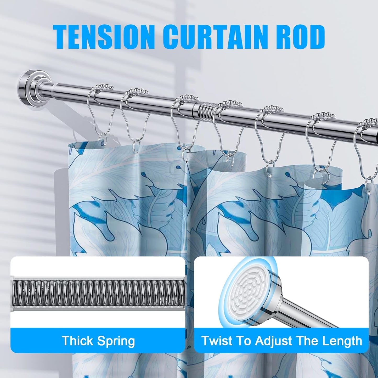 TEECK Adjustable Shower Curtain Rod - 32-80 Inch, Rust-Resistant, No Drilling, Easy to Use - Silver