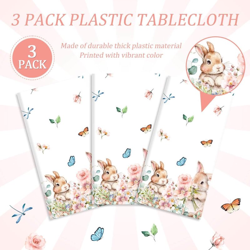 Vanulus 3Pcs Spring Easter Bunny Party Tablecloth Cute Rabbits Pink Floral Disposable Plastic Table Cover Rectangle Table Cloth for Spring Farmhouse Picnic Dinner Table 54x108Inch
