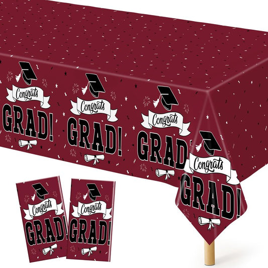 QZYL 2 PCS Graduation Decorations 2026, 108" X 54" Maroon Graduation Table Cloths, Rectangle Table Cloths for Class of 2026 Congrats Grad, Disposable Plastic Tablecover for Grad Decor Party Supplies