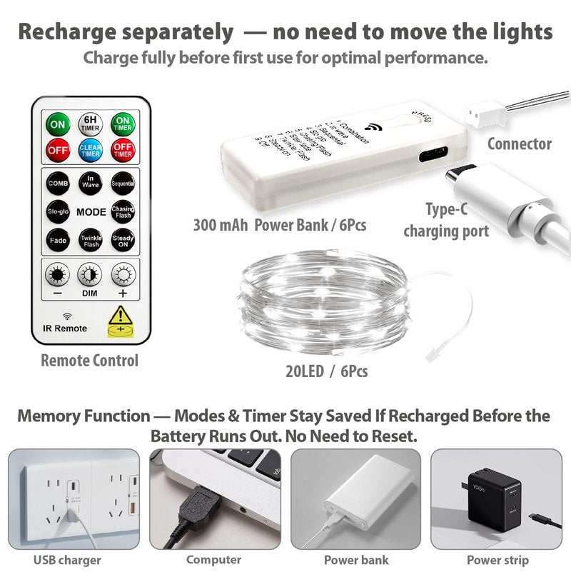 HXWEIYE 6 Pack Rechargeable Fairy Lights Battery Operated with Remote & DIY Timer, 7ft 20LED Mini Twinkle String Light for Mason Jar DIY Wedding Table Centerpieces Party Bedroom Christmas (White)
