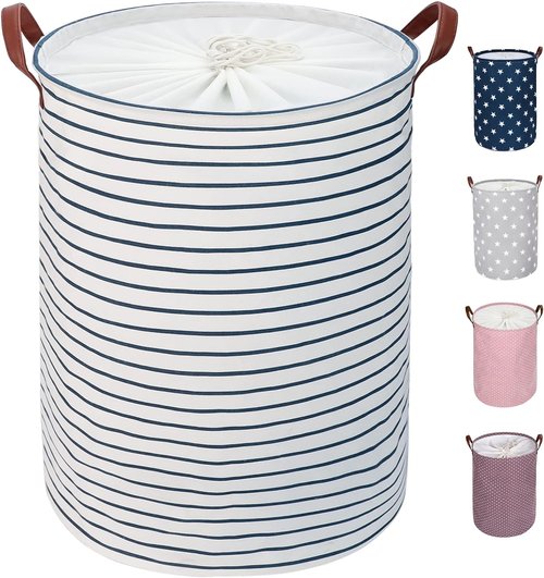 DOKEHOM 18-Inch Freestanding Laundry Basket - Collapsible Drawstring Hamper with Lid & Leather Handle | Blue Stripe