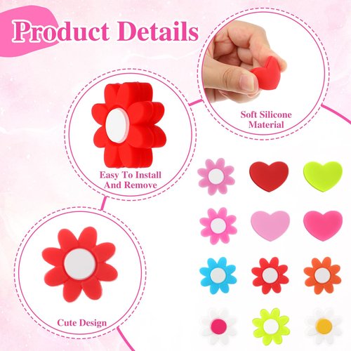 BOHUIZ 12Pcs Tennis Vibration Dampener, Tennis Racket Shock Absorbers Colorful Flower and Heart-Shaped Silicone Dampener for Tennis Racquet String Dampener
