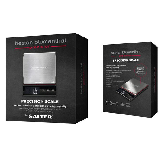 Salter Heston Blumenthal Precision 1140A HBBKDR Digital Kitchen Scales - Premium Compact Baking/Cooking Scale, for Weighing Food/Coffee and Liquid, 0.5 g Increments, Slim, Stainless Steel/Black