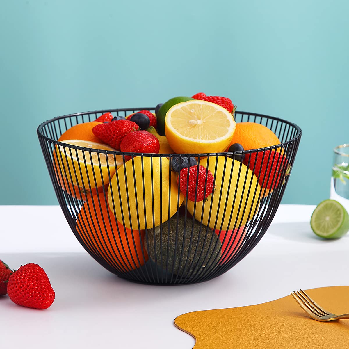 HOMQUEN Fruit Basket, Fruit Bowl, Metal Wire Fruit Basket for kitchen, Fruit Bowl for Kitchen Counter, Basket for Fruits, Vegetables, Breads, Snacks, Kitchen Gadgets (Round Tall, Black)