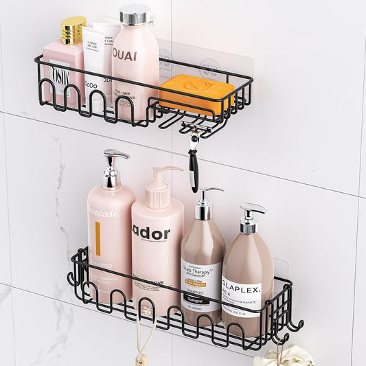Saydear Adhesive Shower Caddy - Rustproof Metal Bathroom Storage Shelf with 2 Bonus Hooks | 4-Pack, Drill-Free Black