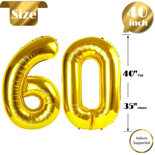 Gold Number 60 Balloon 40 inch, 60 Number Balloons, 60th Gold Birthday Decorations, 60 Year Old Women Men Golden Party Supplies
