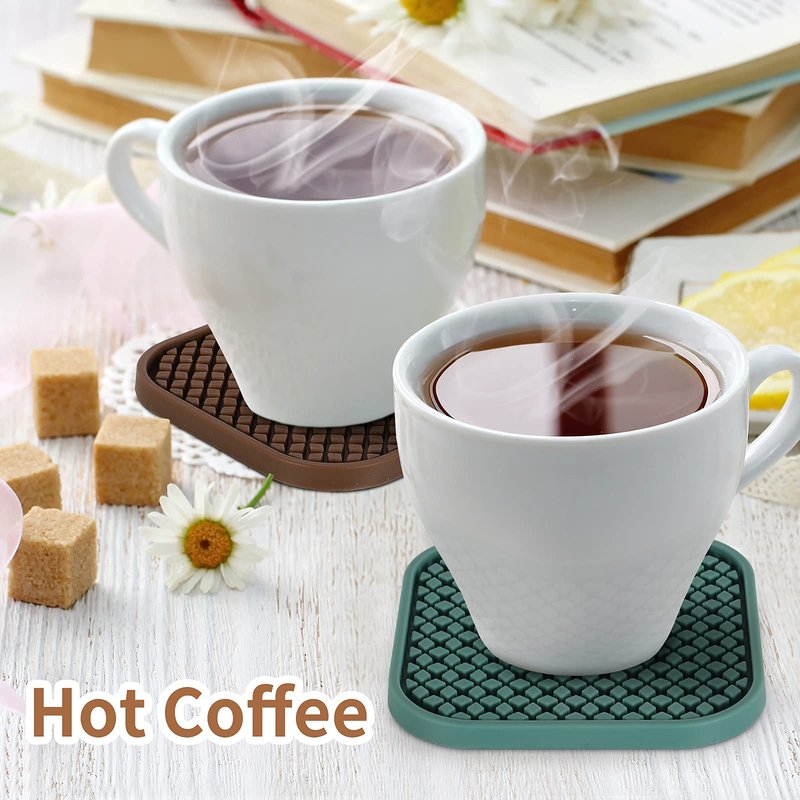 ME.FAN Silicone Coasters with Holder [6 Pack] Square Drink Cup Mat - Non-Slip, Non-stick, Stay Put, Deep Tray - Prevents Furniture and Tabletop Damages Deep Gray