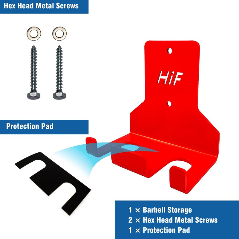 Olympic Barbell Hanger,Garage Gym Bar Wall Rack,Vertical Barbell Mount Rack,Space Saving Commercial or Home Gym Accessory,Holds Under 33mm Bar Size (Red 2 Hooks)