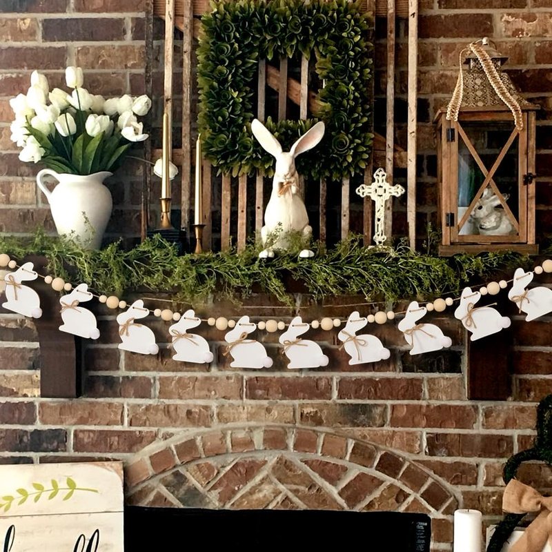 Easter Decorations Garlands, Cute Bunny Easter Garland with Wooden Beads, Rustic Banner for Mantel, Fireplace, Wall, Home, Farmhouse, Office, School Indoor Spring Decor Supplies