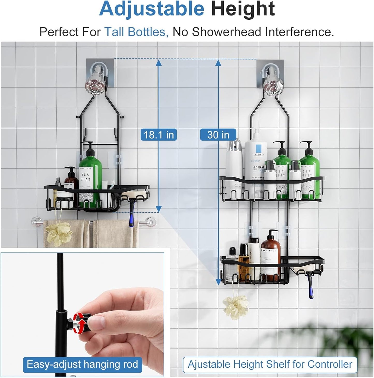 Skiennix Shower Organizer - Upgraded Extended Length Rustproof Caddy with Hooks | Large Bathroom Storage