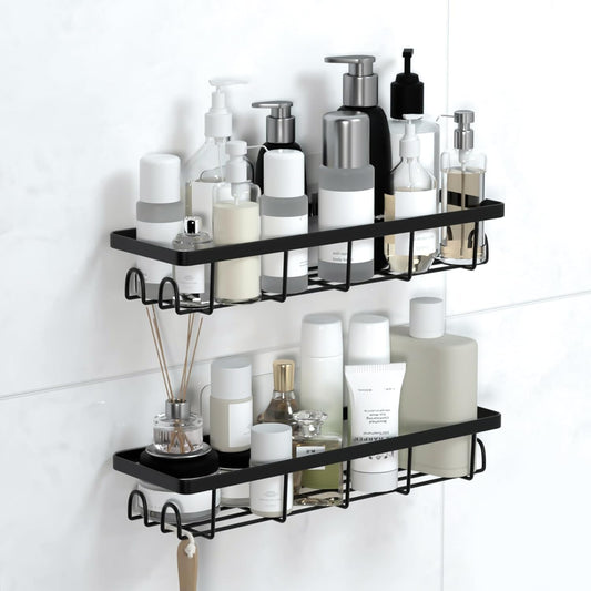 Shower Caddy Organizer - Self-Adhesive Bathroom Shelves with Hooks | No Drilling, 2-Pack Black