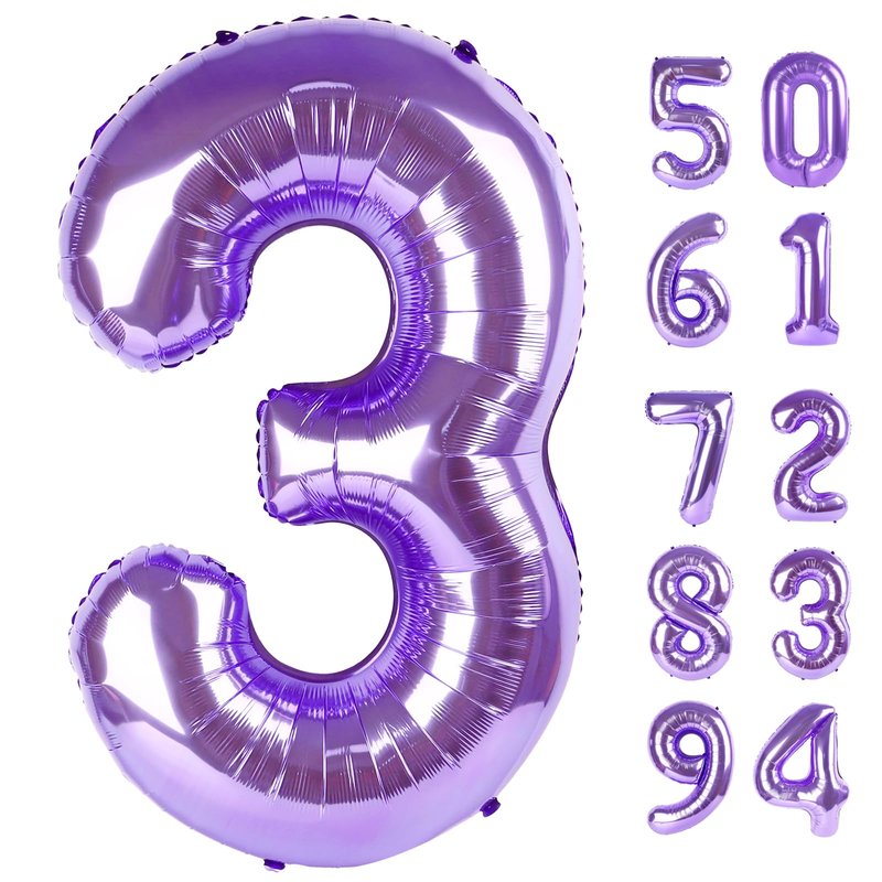Purple 3 Balloon, Number Balloon 40 Inch, 3rd Three Year Old Birthday Deco, Purple Party Supplies for Party Decorations, Number 3 Balloon