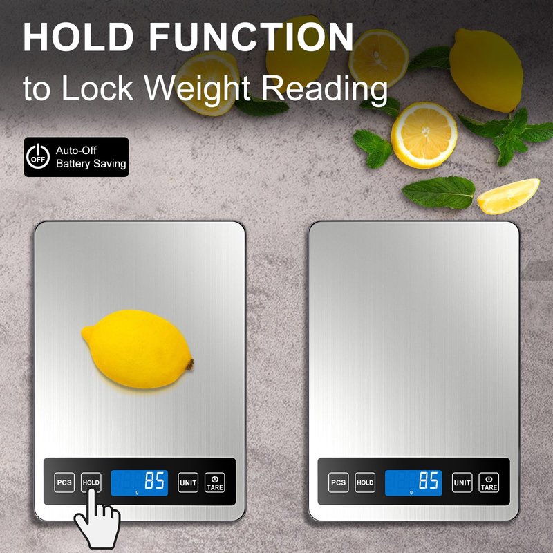 Fuzion Food Scale, 1g/0.1oz Digital Kitchen Scale - 22lb, 7 Units, Tare & PCS, Rechargeable Power, Tempered Glass & Stainless Steel - Food Weight Scale Grams and Ounces for Cooking, Baking