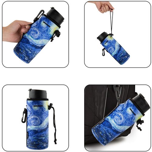 CM Neoprene Bottle Sleeve - Portable Insulator Cover with Drawstring for 18-20 Oz Bottle (Marble & Van Gogh Painting Patterns, 2 pcs)