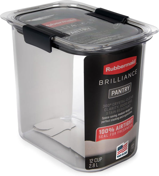 Rubbermaid Brilliance 12-Cup Airtight Food Storage Container - Ideal for Pantry Organization, Clear/Grey