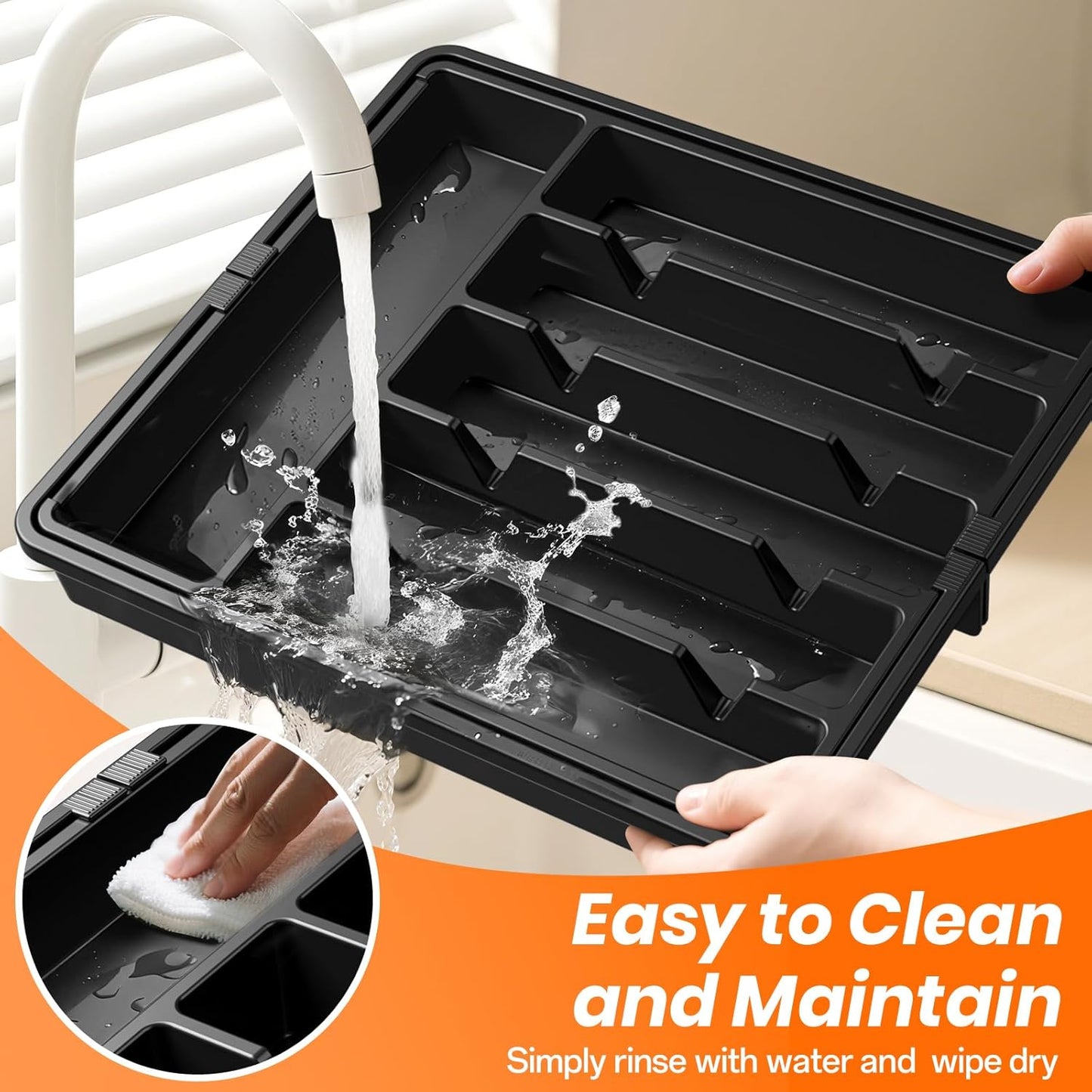 RoomHacks Large Expandable Silverware Organizer - Adjustable BPA-Free Utensil Holder for Kitchen, Black (6-8 Slots)