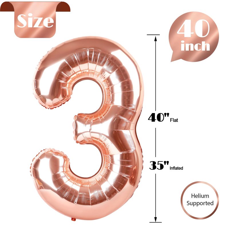 Rose Gold 3 Balloon, Number Balloons 40 Inch, 3rd Birthday Decorations for Kids Girls Boys, Men Women Party Supplies for Party Decorations, Number 3 Balloon