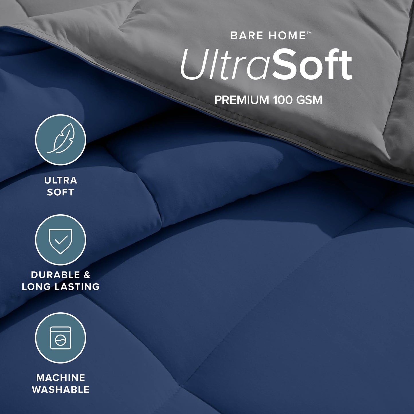 Bare Home Queen Comforter - Reversible Colors - Goose Down Alternative - Ultra-Soft - Premium 1800 Series - All Season Warmth - Bedding Comforter (Queen, Dark Blue/Grey)