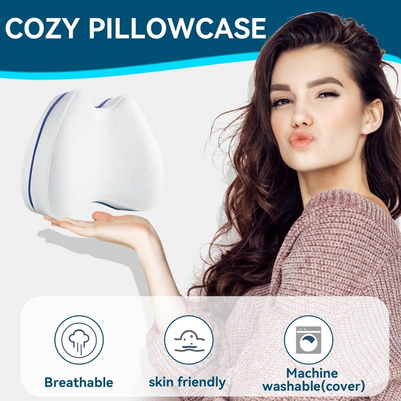 QISHFEN Knee Pillow for Side Sleepers Hip Pain Memory Foam - Leg Pillow for Side Sleeping Back, Sciatica, Knee Pain Relief - Side Sleeper Pillows with Washable Cover (2 Pack)