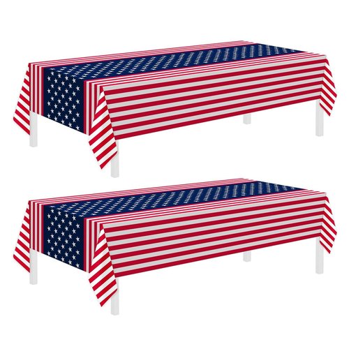 Childom 2 Pack Patriotic Tablecloths,Patriotic Decorations 54" x 108" Disposable American Flag Tablecloths for Event,Party Table Cloth Plastic for Veterans Day,4th of July,Picnic,Dinner,Party Supplies