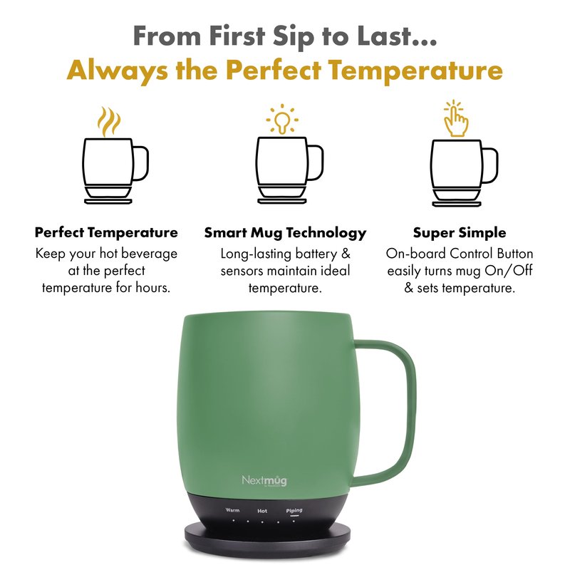 Nextmug - Temperature-Controlled, Self-Heating Coffee Mug (Sage - 14 oz.)