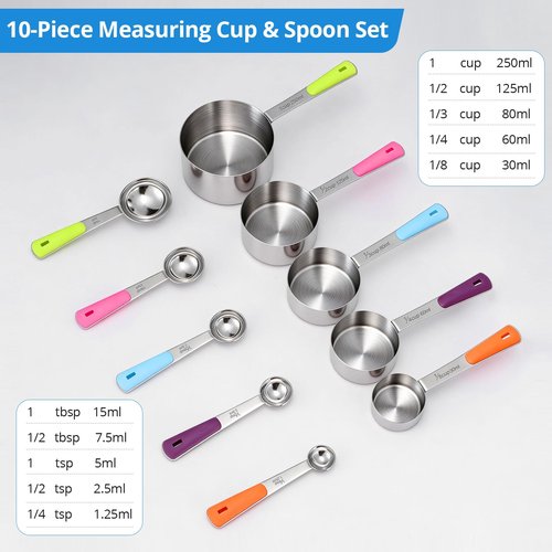 Bopei Measuring Cups and Spoons Set Stainless Steel 10 Piece for Cooking and Baking (5 Cups + 5 Spoons, Colorful Handles)