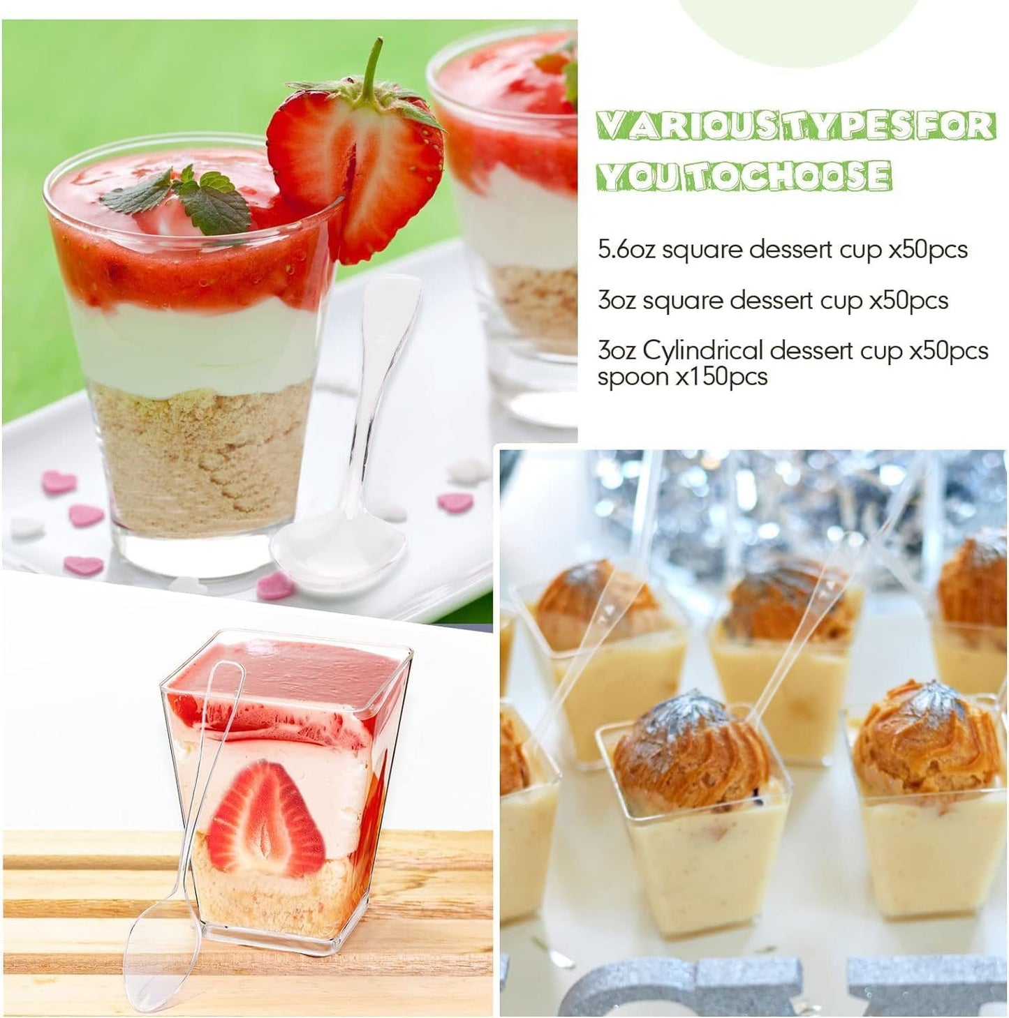 Skiennix 7 OZ Mini Clear Dessert Cups - 50 Packs with Spoons for Ice Cream, Candy & Appetizers