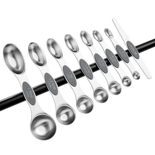 Spring Chef Stainless Steel Magnetic Measuring Spoons Set of 8 with Leveler, Dual Sided Metal Teaspoon & Tablespoon Measuring Spoons - Kitchen Gadgets For Baking and Cooking, Gray