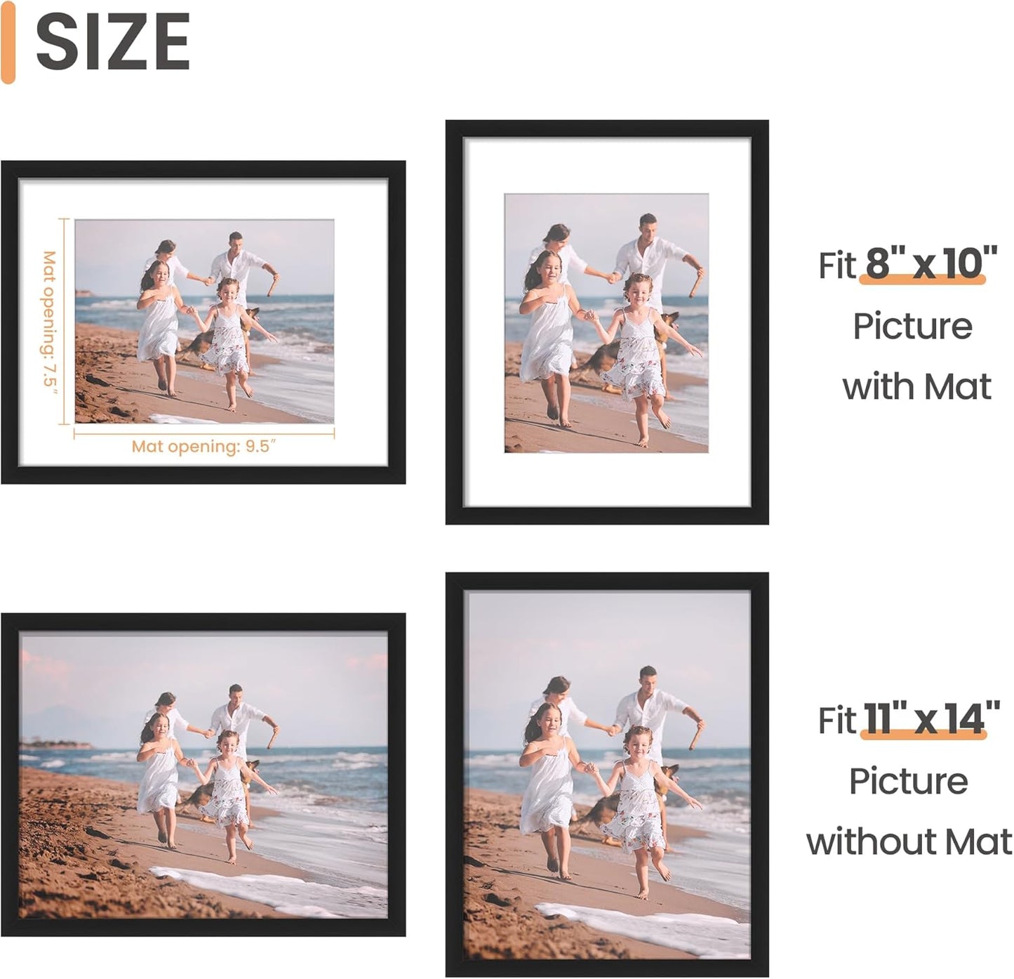 Upsimples 11x14 Picture Frame - Versatile Display for 8x10 Photos with Mat or 11x14 Without Mat | Black, 1 Pack