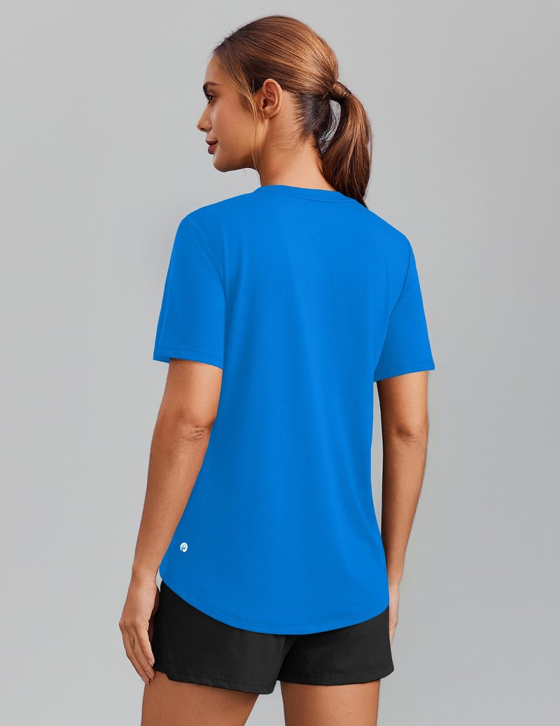 PINSPARK Quick Dry Workout Tops for Women Short Sleeve V Neck Moisture Wicking Athletic Gym Shirts Running Hiking T-Shirts,Sparkle Blue Medium