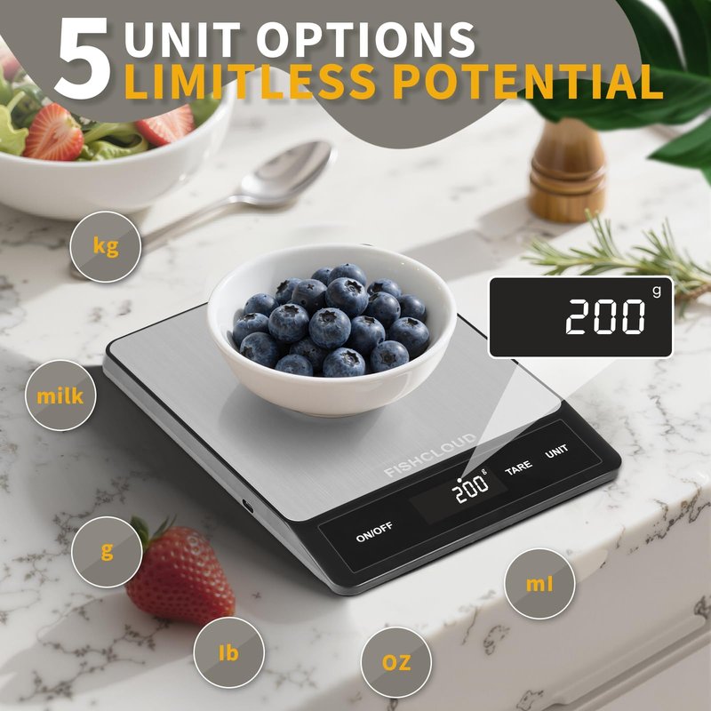 FISHCLOUD Food Scale - Rechargeable Digital Kitchen Scale 33lb, 1g/0.05oz Precision, Type-C, Stainless Steel, Grams/Ounces, LCD Display, for Cooking/Baking/Meal Prep (Ash Silver)