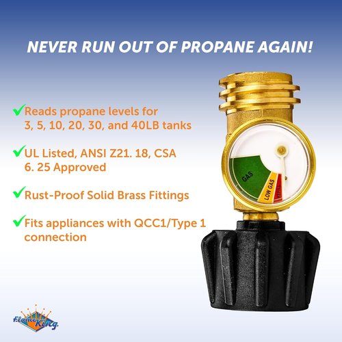 Flame King Propane Tank Gauge - Color-Coded Leak Detector & Pressure Meter | Universal for BBQ, RV, Heater