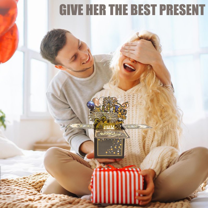 Surprise Pop Up Happy Birthday Cards, Lovely 3D Birthday Card for Adults and Kids with Envelopes, Unique Design Handmade Foldable Greeting Cards for Daughter, Son, Mom, Dad, Friend（Black）
