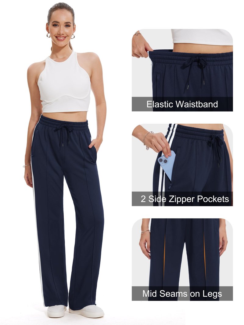 Tapata Extra Tall Woman 36" Inseam Stripes Sweat Pant High Waisted Drawstring Gym Exercise Lounge Joggers, Navy Blue, M