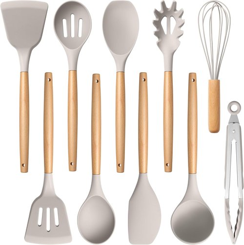 E-far Silicone Cooking Utensils Set - 10-Piece Heat Resistant Kitchen Tools with Wooden Handles | Non-Toxic Khaki