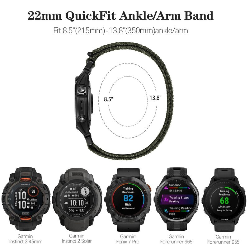 Oanux 22mm QuickFit Sports Ankle/Arm Band Compatible with Garmin Fenix 6 Pro/6/7/7 Pro/5/5 Plus, Soft Nylon Bicep Strap for Forerunner 970/965/955/945/935 & Instinct 3 45mm/E 45mm/Solar/2/2 Solar
