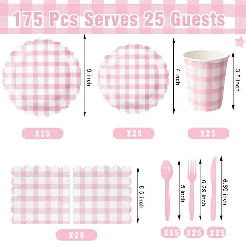 175 PCS Pink Gingham Party Supplies Includes Pink Gingham Paper Plates, Cups, Napkins, Cutlery for Baby & Bridal Shower, Wedding, Birthday Party, Outdoor Picnic, Serves 25