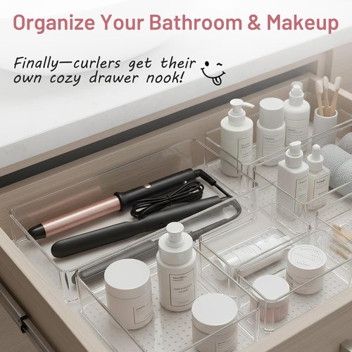 Clear Plastic Drawer Organizer Bins by [Brand Name] - 8 Pack Heavy-Duty Storage Trays for Kitchen & Bathroom