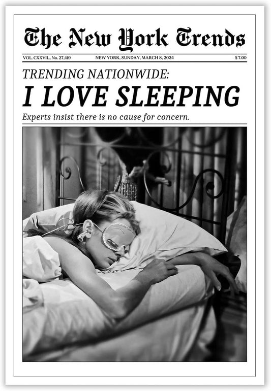 Beshdomp Vintage I Love Sleeping Poster - Black & White Canvas Wall Art | New York Times Headline 12x16in Unframed