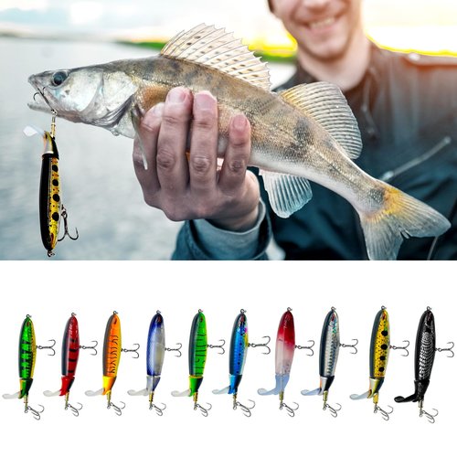 Bnque 10Pcs Fishing Lures for Bass, Whopper Lures Kit, Top Fishing Water Lures with Hooks, Popper Floating Lure for Bass Catfish Pike
