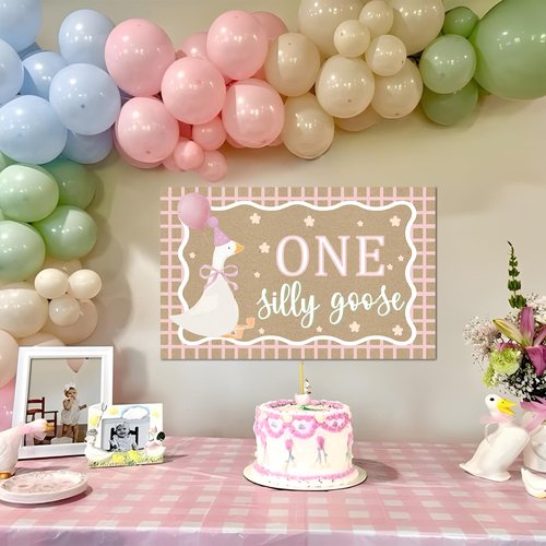 Goose Pink Banner for One Silly Goose Birthday Decor Girl Pink Silly Goose First Birthday Backdrop for Girls First Birthday