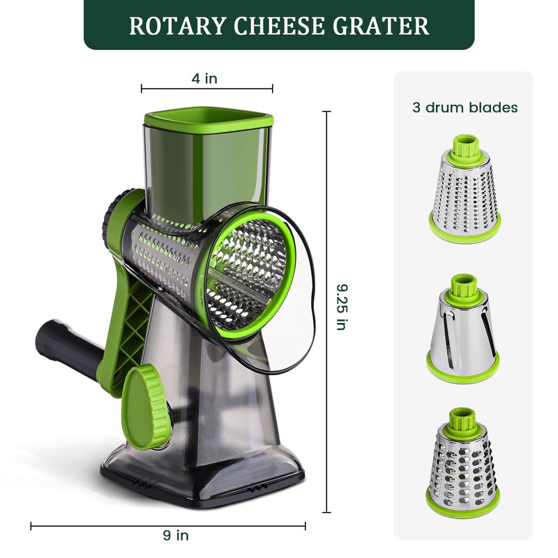 HANSGO Rotary Cheese Grater, 3 Stainless Steel Blades, Labor-Saving Handle, Strong Suction Base, for Cheese, Vegetables, Nuts, Chocolate & Fruits, Ideal for Family Meals, Salads, Pasta & Easy Cleanup