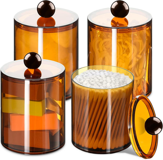 XIPENGKEJI Qtip Holder Set - 4 Pack Apothecary Jars with Lids for Cotton Swabs & Pads | 10oz-12oz Brown