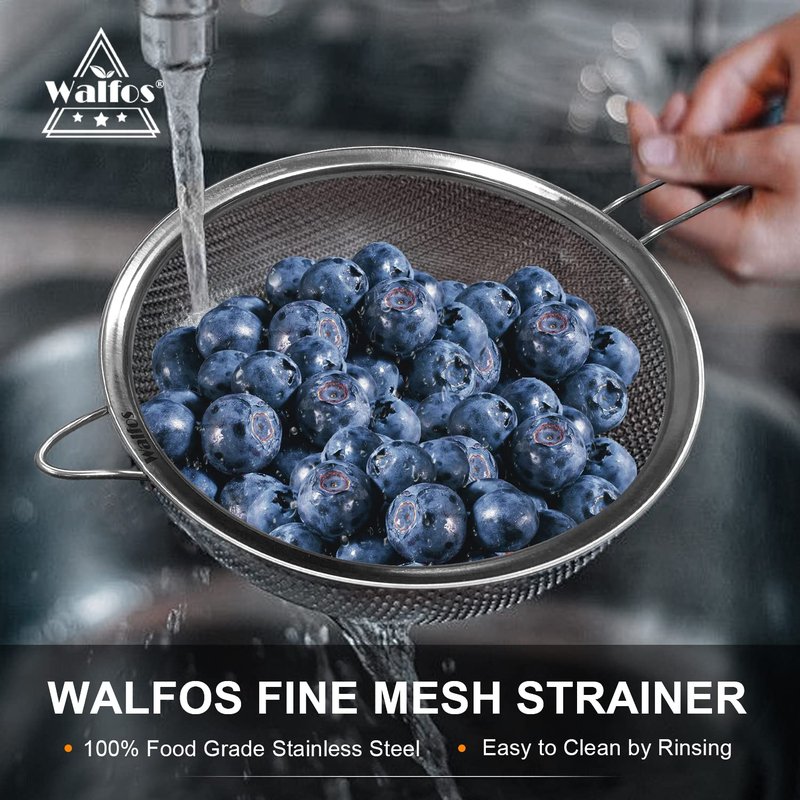 Walfos Extra Fine Mesh Strainer Set of 4-9.35", 6.95", 4.6", 2.7", Stainless Steel 30 Mesh Sieve with Sturdy Handle, Kitchen Food Strainers Sifters for Quinoa, Pasta, Fruits, Vegetables, Rice, Tea