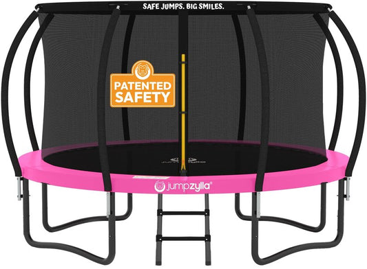JUMPZYLLA Trampoline Outdoor 8FT 10FT 12FT 14FT 15FT 16FT with Enclosure and Ladder, ASTM Approved Recreational Trampoline for Kids and Adults, Anti-Rust Coated Frame (Pink, 14FT)